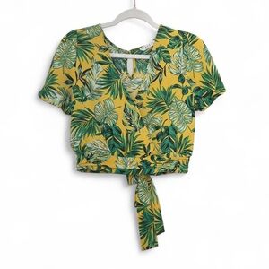 Tropical Leaf Print Wrap Top